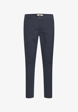 Navy blue chinos made from cotton blend fabric. Features a button closure, front pockets, and a slim fit design. Smooth texture with minimal detailing.