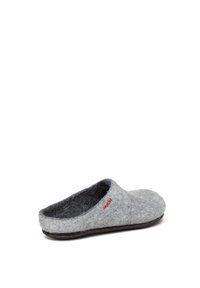 Gray wool slipper with a smooth texture, open back design, and black sole. Features a small red logo on the side.