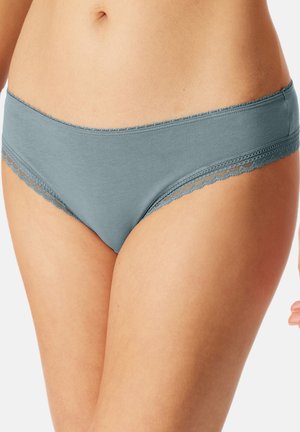 Blaue Baumwoll-Underwear im Bikini-Stil mit einem weichen Spitzenbesatz entlang des Bundes und der Beinausschnitte. Glatte Textur mit einem tiefen Schnitt.