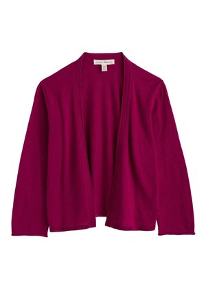Openvallende cardigan met lange mouwen in diepmagenta, met geribbelde randen, plat weergegeven met de voorkant en het merkembleem aan de binnenkant van de kraag.