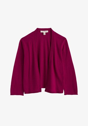 Cardigan cu deschidere frontală, mâneci lungi, de culoare magenta închisă, cu margini nervurate, expus plat arătând partea din față și eticheta brandului în interiorul gulerului.