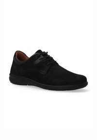 Schwarze Wildlederschuhe mit glatter Oberfläche, abgerundeter Spitze, Schnürdesign und kontrastierendem braunem Innenfutter. Flexible schwarze Sohle.
