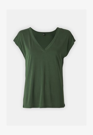 Kortærmet, mørkegrønt t-shirt med V-hals og blød tekstur. Enkel design med oprullede ærmer og en afslappet pasform.