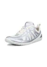Ελαφρύ αθλητικό παπούτσι με ασημένιο και λευκό συνθετικό επάνω μέρος, διαπνέοντα πλέγματα, υφασμάτινες λεπτομέρειες και ελαστική λαστιχένια σόλα.