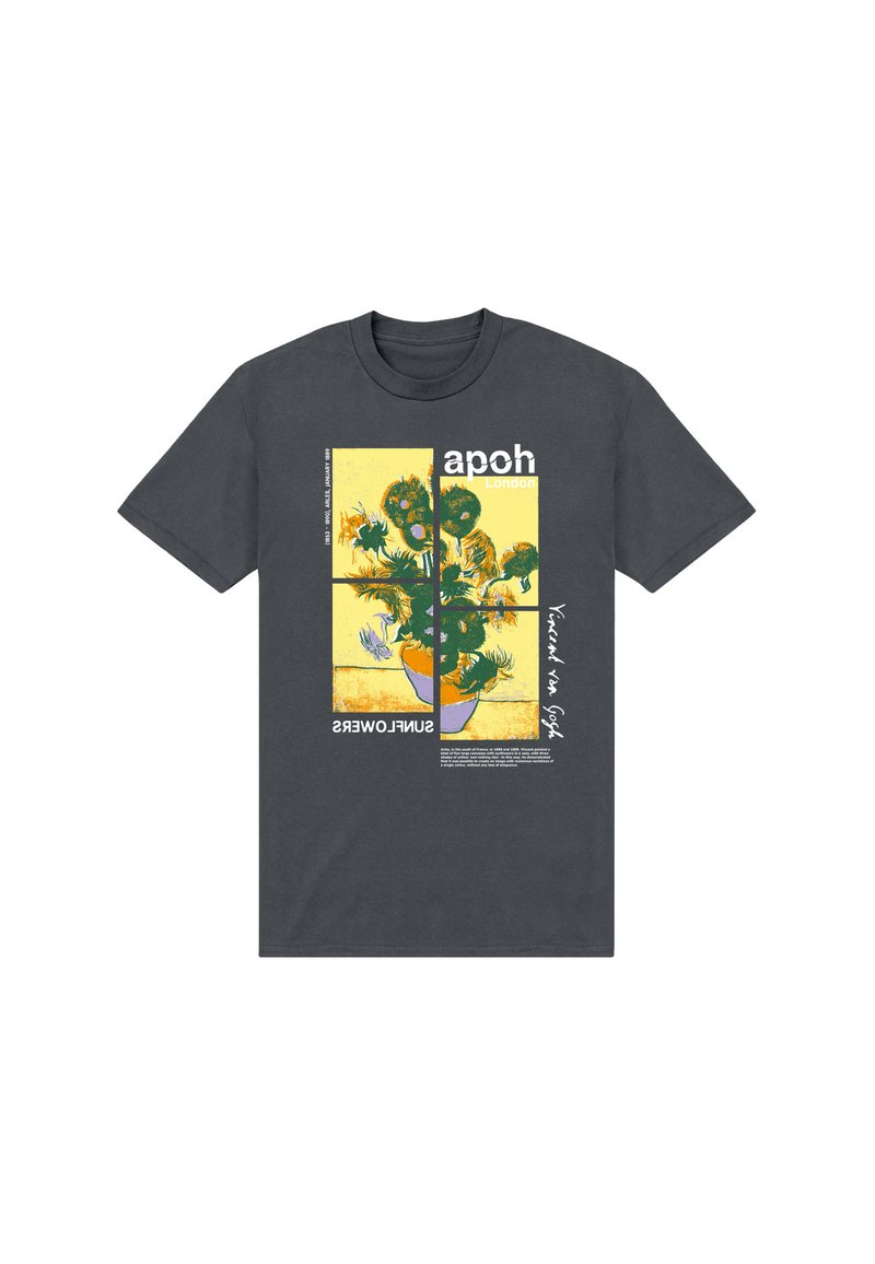 Dark gray cotton t-shirt featuring a printed design of sunflowers in a yellow background, with text and graphics in various colors.