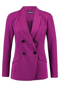 Fialový dvouřadý blazer s klopami, černými knoflíky a předními kapsami s klopou. Hladká textura, přizpůsobený střih a dlouhé rukávy.