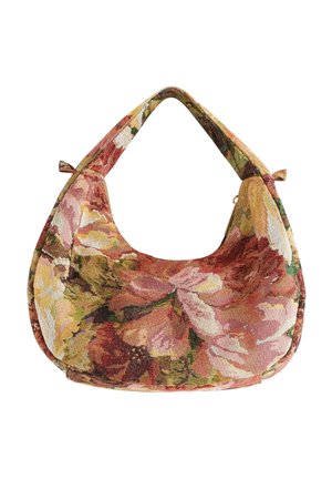 Håndtaske i blomster gobelinstof med buet form og kort hank, med mønstre af pink, grønne og beige blomster.
