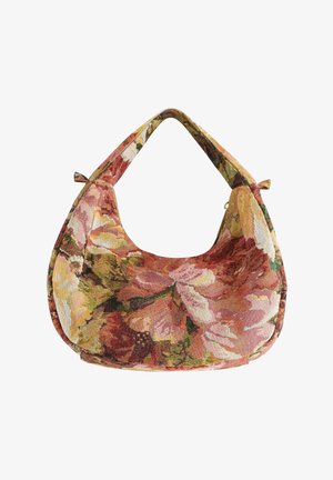 Håndtaske i blomster gobelinstof med buet form og kort hank, med mønstre af pink, grønne og beige blomster.