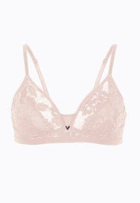 Bralette in pizzo di colore rosa chiaro, con coppe trasparenti, spalline regolabili e un piccolo logo ricamato al centro davanti.