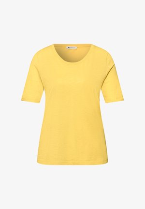 Gelbes Damen-T-Shirt mit kurzen Ärmeln, Rundhalsausschnitt, schlichtem Design und Street One Markenlabel im Innenkragen.