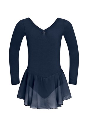 Navy long-sleeve ballet dress with a v-neckline, featuring a fitted top and sheer layered skirt. Three decorative buttons at the center.