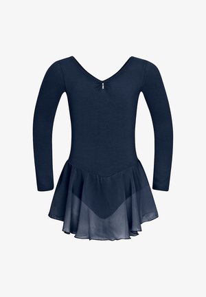 Navy long-sleeve ballet dress with a v-neckline, featuring a fitted top and sheer layered skirt. Three decorative buttons at the center.
