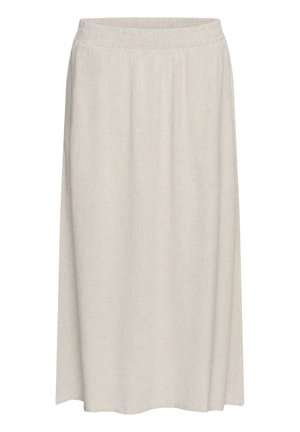 Bež midi suknja ravnog kroja s elastičnim pojasom, glatke teksture, bez uzoraka ili dodatnih detalja, prikazana na bijeloj pozadini.