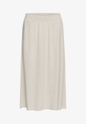 Beige, gerade geschnittener Midirock mit elastischem Bund, glatter Textur, ohne Muster oder zusätzliche Details, auf weißem Hintergrund dargestellt.