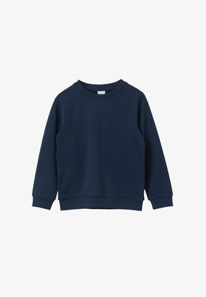 Navy blue sweatshirt made of soft fabric, featuring raglan sleeves, a round neck, ribbed cuffs, and a relaxed fit. No visible logos or patterns.