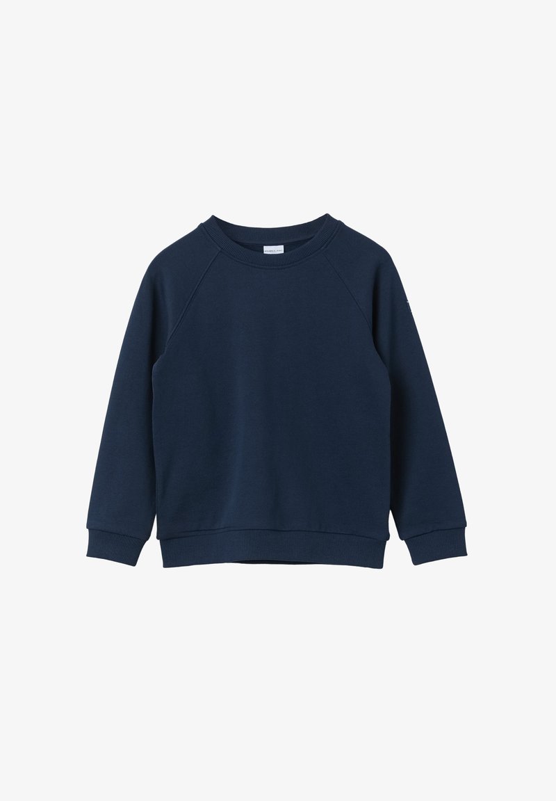 Marineblauwe sweatshirt van zacht materiaal, met raglanmouwen, een ronde hals, geribde manchetten en een losse pasvorm. Geen zichtbare logos of patronen.