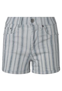 Pantalones cortos de mezclilla en gris claro con rayas verticales azules. Presentan un dobladillo enrollado, bolsillos delanteros y un cierre de botón metálico.