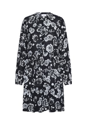 Vestido negro con estampado de rosas blancas, mangas largas, escote redondo y un diseño en capas con un corte relajado.