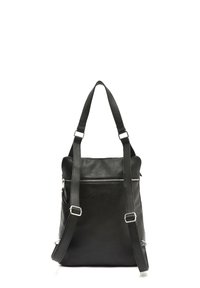 Črn usnjen nahrbtnik z nastavljivimi naramnici, zgornjim zadrgo in sprednjim žepom z zadrgo za dodatno shranjevanje. Gladka tekstura.