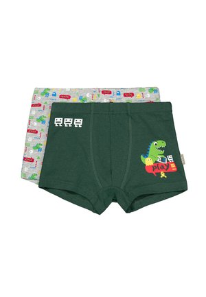 Dos pares de calzoncillos tipo bóxer para niños, uno verde oscuro con gráficos de dinosaurios y estilo juego Pac-Man, y el otro gris con patrones coloridos temáticos de juegos.