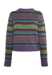 Lila Pullover mit mehrfarbigen horizontalen Streifen in Türkis, Braun und Schwarz, mit rundem Halsausschnitt und gerippten Bündchen. Strukturiertes Strickdesign.