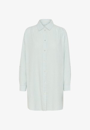 Hele sinise ja valge triibuline nööpidektuuri särk, millel on krae, pikad varrukad ja lahtine lõige, valmistatud pehmest kangast.