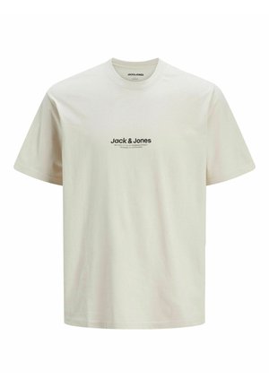 Helles beige Baumwoll-T-Shirt mit Rundhalsausschnitt, mit einem schwarz bedruckten Logo "Jack & Jones" auf der Vorderseite. Kurze Ärmel, lässige Passform.
