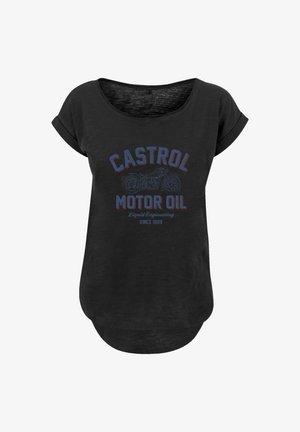 Black short-sleeve t-shirt with a rounded neckline. Features a multicolor printed design: “CASTROL MOTOR OIL” with a motorcycle graphic.