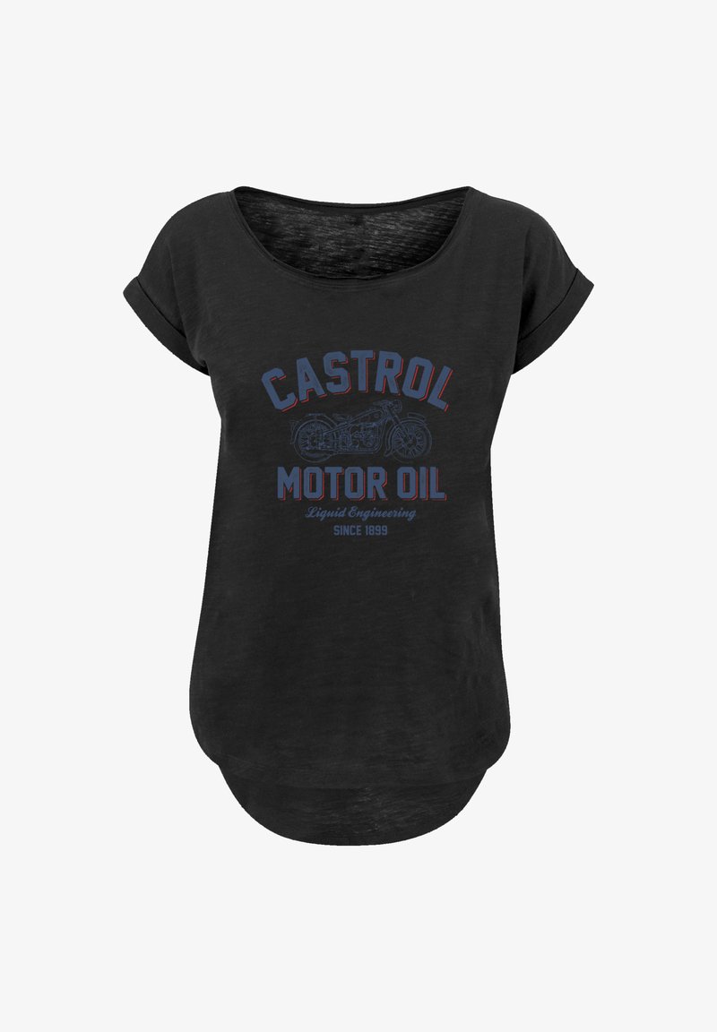 Black short-sleeve t-shirt with a rounded neckline. Features a multicolor printed design: “CASTROL MOTOR OIL” with a motorcycle graphic.