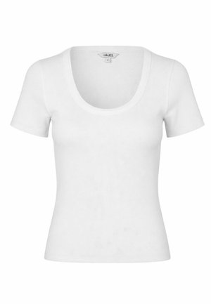 White short-sleeve ribbed cotton t-shirt with scoop neckline, fitted cut, and size tag visible at the collar.