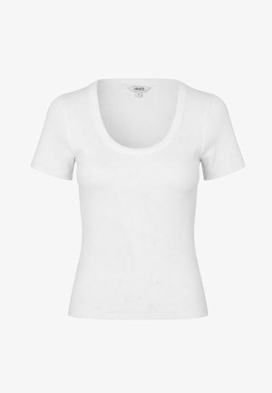 Hvid kortærmet ribstrikket bomulds-T-shirt med rund halsudskæring, tætsiddende pasform og størrelsesmærke synligt ved kraven.