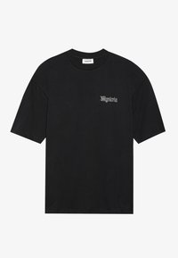 Black cotton t-shirt featuring short sleeves, a crew neck, and front text in a contrasting silver Gothic font. Smooth fabric texture.