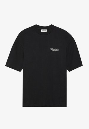 Black cotton t-shirt featuring short sleeves, a crew neck, and front text in a contrasting silver Gothic font. Smooth fabric texture.