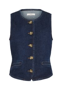 Sötétkék farmermellény kerek nyakkivágással, hat elülső gombbal és két oldalzsebbel. Kontrasztos varrás és testhezálló fazon jellemzi.