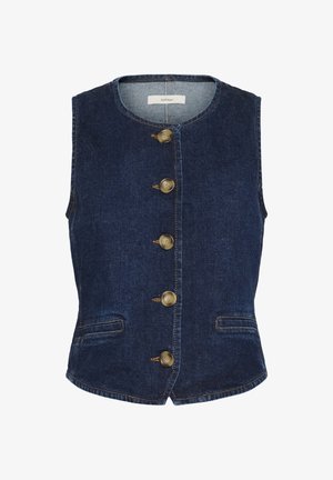 Vesta din denim de culoare albastru închis, cu guler rotund, șase nasturi pe față și două buzunare laterale. Prezintă cusături în contrast și un design ajustat.