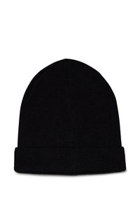 Fekete kötött sapka bordás textúrával és hajtott kiflivel. Kerek tetejű és sima felületű, alkalmas hideg időjárásra.