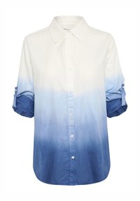 Knappad skjorta med gradientfärgövergång från vitt överst till mörkblått längst ner, med uppvikta ärmar och knappfästen.