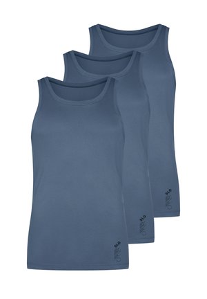 Tre canotte senza maniche blu realizzate in un tessuto liscio ed elasticizzato. Ognuna presenta una scollatura rotonda e un logo minimo sull'orlo.