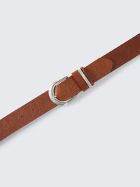 Brown leather belt with a textured surface, featuring a silver metal buckle. Adjustable length with multiple holes for size flexibility.