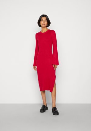 CREW AUSSCHNITT RIPP AUSGESTELLTE ÄRMEL BODYCON MIDI STRICKKLEID - Tubino - red