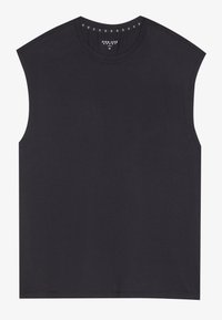 Juoda beproteinė palaidinė, pagaminta iš minkštos medžiagos; turi apvalią iškirptę su dekoratyvinėmis smeigėmis aplink iškirptę. Paprastas, modernus dizainas.