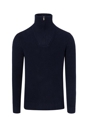 Marineblauer gestrickter Langarm-Pullover mit hohem geripptem Kragen und kurzem Frontreißverschluss.