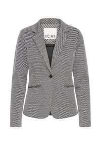 Blazer a righe grigie e bianche con un solo bottone, rever a incavo e tasche frontali. Realizzato in tessuto strutturato. Etichetta del marchio visibile.