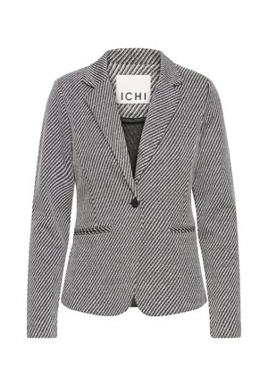 Hallide ja valgete triipudega bleiser, millel on üks nupp, märgatud kraed ja ees taskud. Valmistatud tekstuurse kangaga. Brändi silt nähtav.