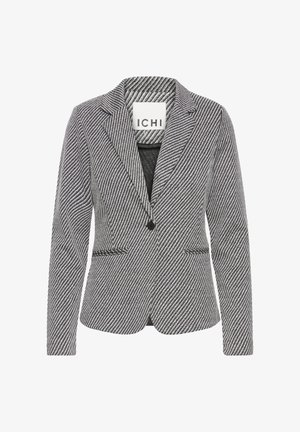 Siv in bel suknjič s črtami, z enim gumbom, z V-izrezom ovratnika in sprednjimi žepi. Izdelan iz teksturirane tkanine. Vidna etiketa blagovne znamke.