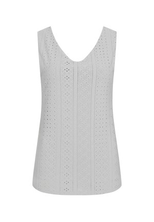 Witte mouwloze top met een V-hals, met een gaatjespatroon en een textuurontwerp met gelijkmatig verdeelde diamanten uitsparingen.