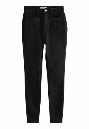 Black denim skinny jeans with a smooth texture, high waistband, front button closure, and two back pockets, featuring a slim fit design.