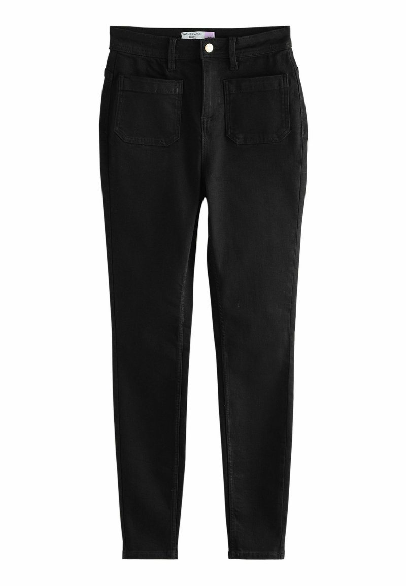 Fekete farmer skinny nadrág sima textúrával, magas derékkal, elülső gombos záródással és két hátsó zsebbel, karcsú fazonú kialakítással.