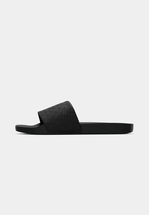 Black slide sandal with a textured, patterned strap and a flat sole. Made of synthetic material, designed for comfort and ease of wear.