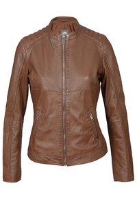 Braune Lederjacke mit Stehkragen, Reißverschluss und zwei seitlichen Taschen. Verfügt über gestickte Akzente an den Schultern und Ärmeln.